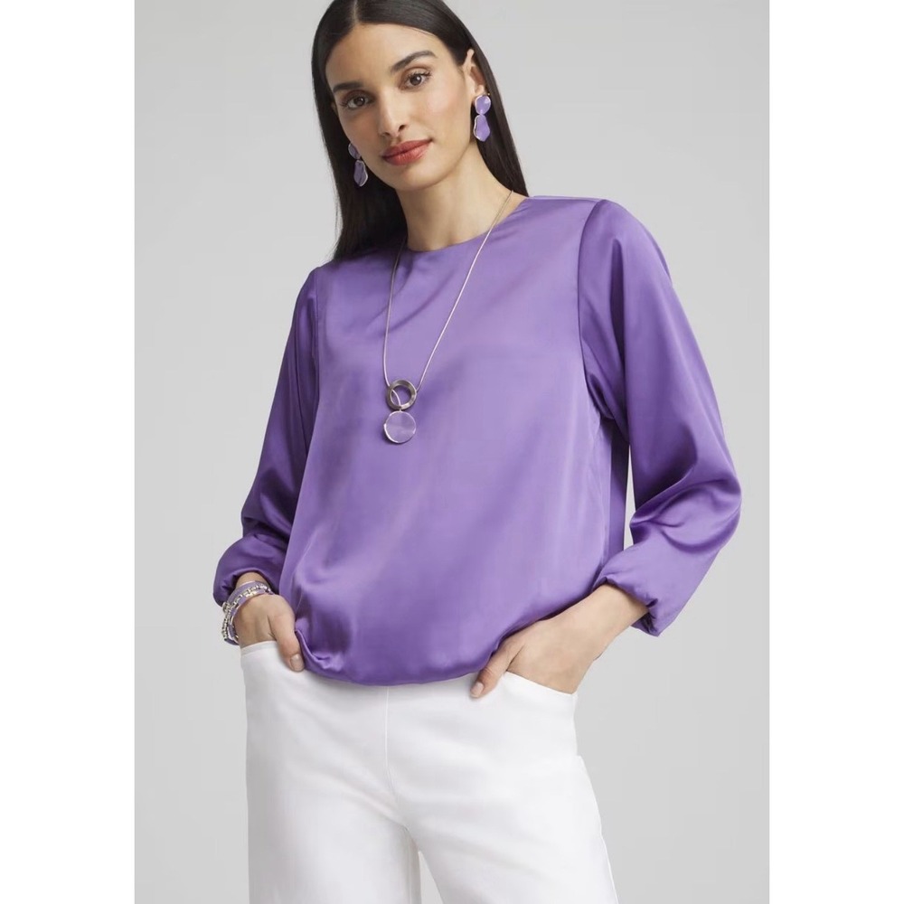 Chico's Bubble Hem satin Long Balloon Sleeve lightweight Top Preppy NWOT‎ SZ-20